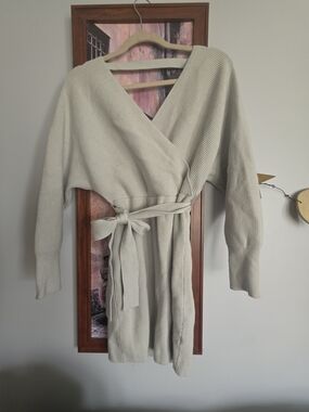 Ribbed Knit Wrap Sweater Dress - Light Sage